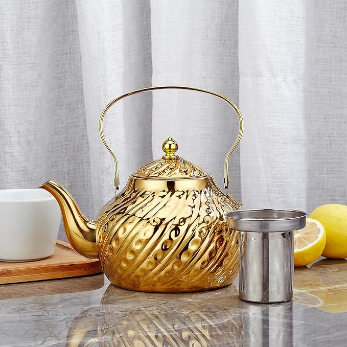 SANQIAHOME 2000ml stainless steel antique style teapot,with Infuser, thickened boiling kettle, lifting handle,Gold