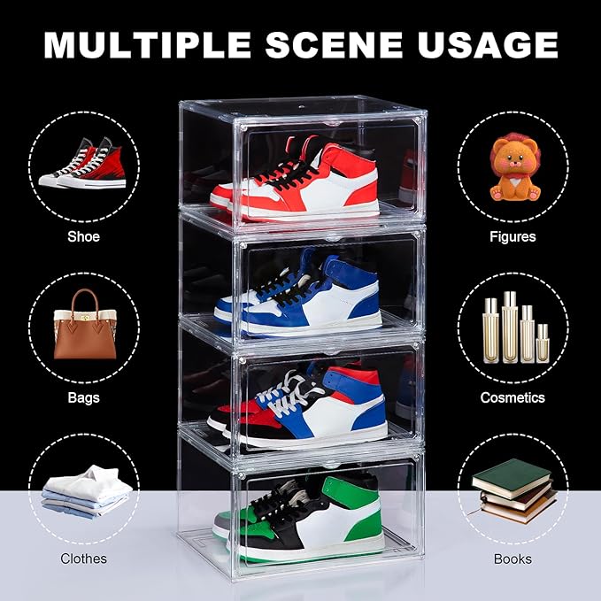 NYZE 3 Pack Acrylic Shoe Boxes Side Open, Clear Shoe Box Plastic Stackable, Shoe Storage Organizer with Magnetic Door, Shoe Display Shoe Containers with Lids Fits Up to Size 15