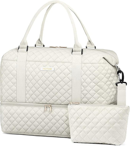 HOTOR Travel Duffel Bag - Weekender Bags for Women, Carry On Overnight Bag with Shoe Compartment, with Toiletry Bag for Travel Essentials and Travel Accessories, Beige, 13.4"×17.3"×7.9"