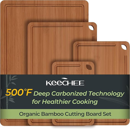Wood Cutting Board, Carbonized Bamboo Cutting Boards Set With Smooth Surface & Easy Storage For Busy Kitchens, Ideal Charcuterie & Chopping, Durable, Knife-Friendly (4Pcs)