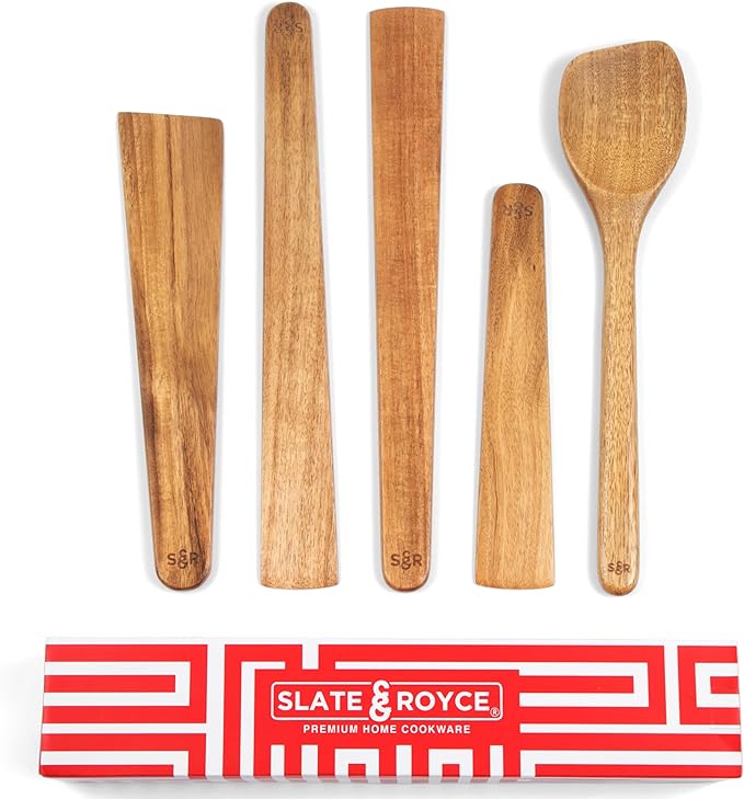 SLATE & ROYCE 5-Piece Acacia Wood Utencil Set, Non-Toxic Wooden Kitchen Tools with Tapered Edges, Heat-Resistant, For Non-Stick Frying Pan, Cast Iron Skillet, Flat Spatulas, Scraper & Spoon Set