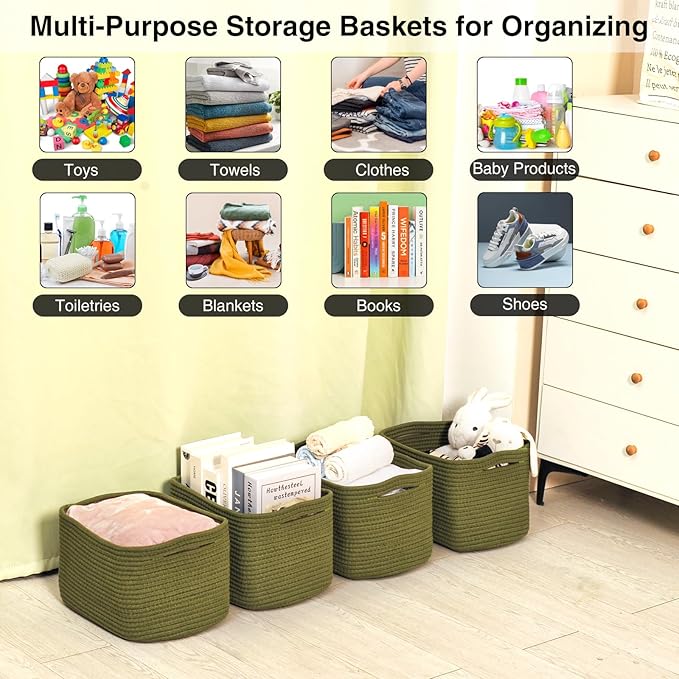 Small Storage Baskets for Organizing, Woven Storage Baskets for Shelves, Cotton Rope Basket for Storage, Cute Rectangular Book Toy Green Basket, 12.7"×9.1"×7.9", 4 Packs, Green