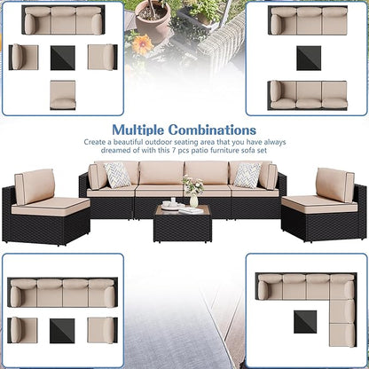 Shintenchi 7 Pieces Outdoor Patio Sectional Sofa Couch, Wicker Furniture