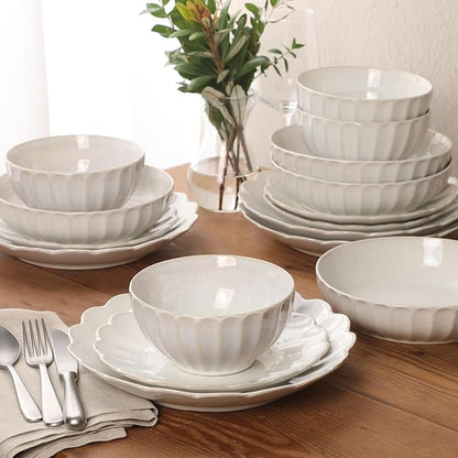 Gibson Elite Malibu Shore 16 Piece Scallop Stoneware Reactive Glaze (Service for 4) Ceramic Plates and Bowls Dinnerware Set - Shiny Cream White