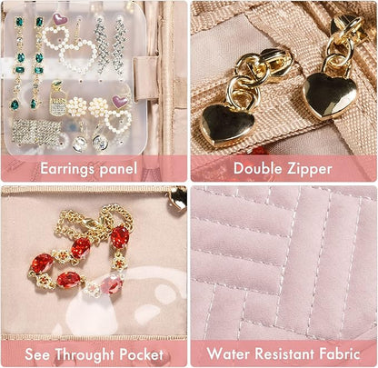 SFYBYHEART Travel Jewelry Organizer Case, Jewelry Travel Bags for Women, Small Travel Jewelry Case for Tangle-Free Earrings, Necklaces, Rings Storage, Travel Accessories, Travel Essentials, Pink
