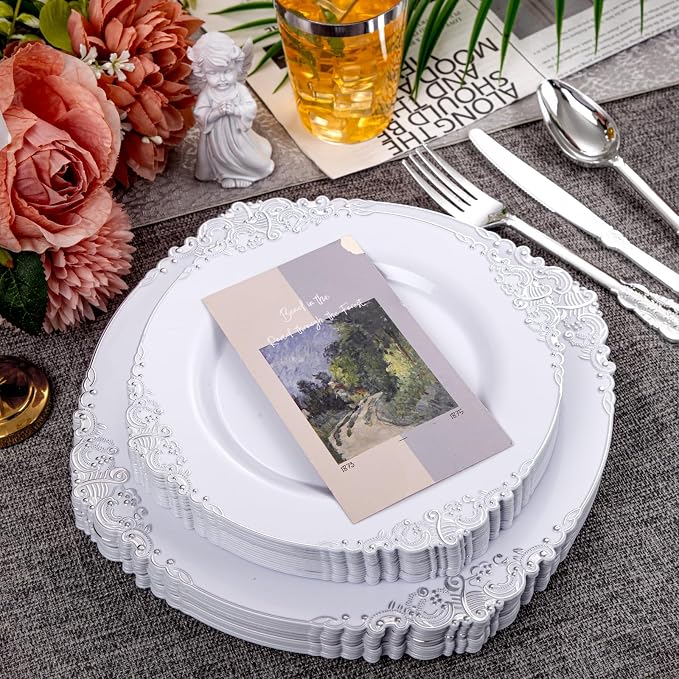 210 Pcs White Silver Plates for Party | White Party Plates Set for 30 Guests
