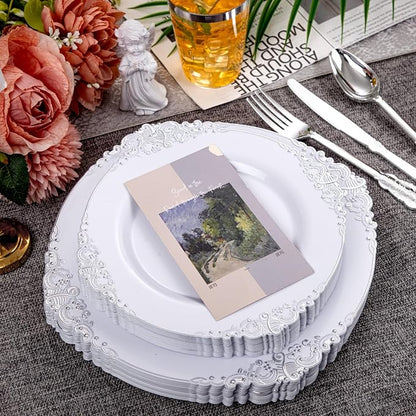 210 Pcs White Silver Plates for Party | White Party Plates Set for 30 Guests