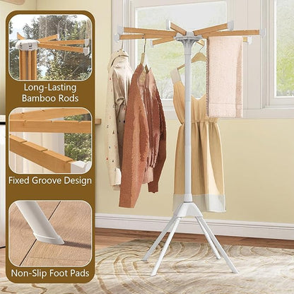 Tangkula Clothes Drying Rack, Foldable Laundry Drying Rack with 8 Bamboo Hanging Rods, 4-Legged Design, Space-Saving Floor Standing Octopus Airer for Balcony Bedroom Household