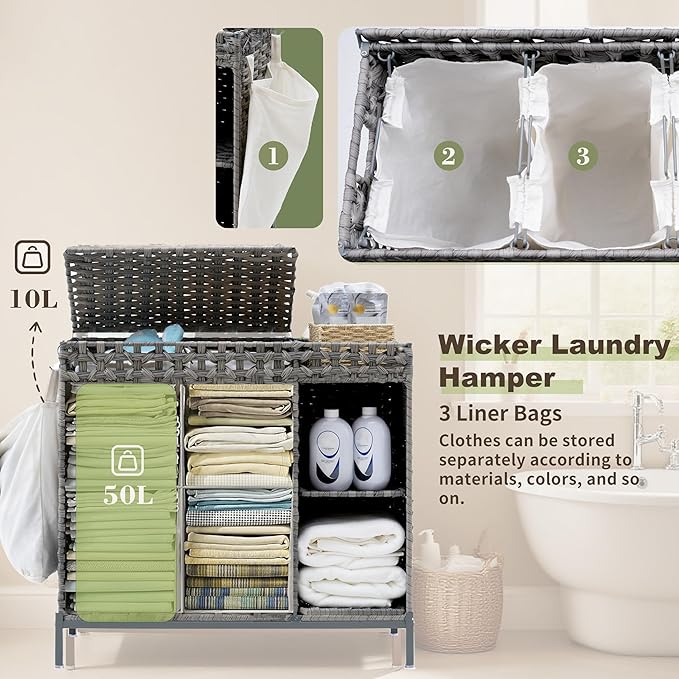 Laundry Hamper with Lid, 110L (29.1 Gal) Rattan Laundry Hamper 2 Section with 50L (13.2 Gal) Storage Shelf, Wicker Woven Laundry Sorter Basket with 3 Liner Bags and Handles, Gray GLH002G