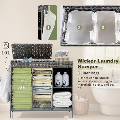Laundry Hamper with Lid, 110L (29.1 Gal) Rattan Laundry Hamper 2 Section with 50L (13.2 Gal) Storage Shelf, Wicker Woven Laundry Sorter Basket with 3 Liner Bags and Handles, Gray GLH002G