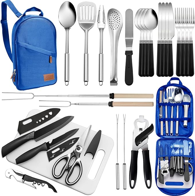 Portable Camping Kitchen Utensil Set-27 Piece Cookware Kit, Stainless Steel Outdoor Cooking and Grilling Utensil Organizer Travel Set Perfect for Travel, Picnics, RVs, Camping, BBQs, Parties and More