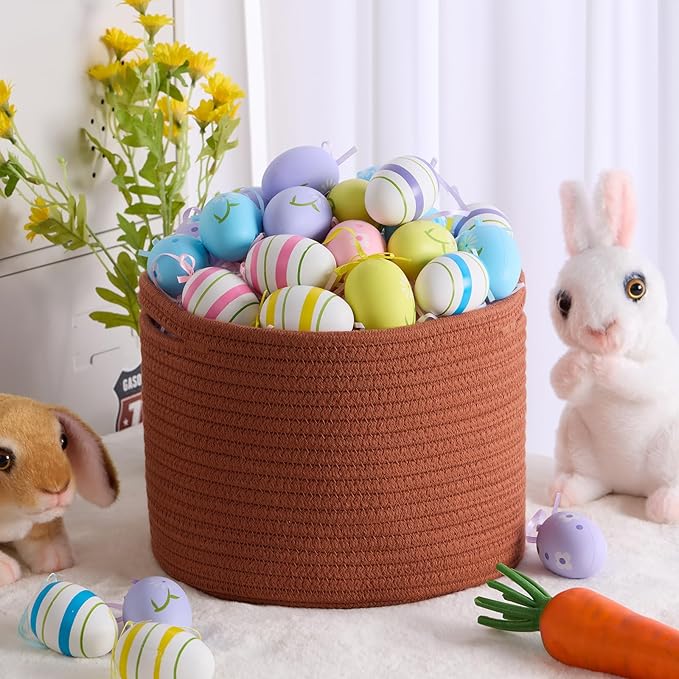 Small Basket for Organizing | Cube Shelf Closet Storage Baskets | 9.7×9.7×7.1” | Woven Rope Gift Basket | Nursery | Round 3 Packs Oxide Red