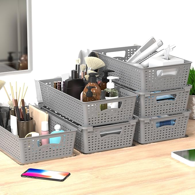 Simple Houseware Stackable Plastic Woven Basket Organizer, 6 Pack, 14.5" x 8.5" x 3.5", Gray