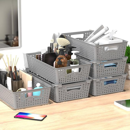 Simple Houseware Stackable Plastic Woven Basket Organizer, 6 Pack, 14.5" x 8.5" x 3.5", Gray