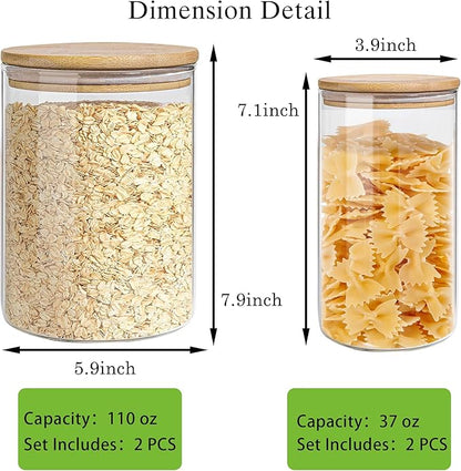Glass Storage Jars Set Elegant Containers with Airtight Bamboo Lids, Perfect for Kitchen Organization - Flour, Rice, Pasta, Sugar, Coffee Beans (2 packs(37oz) / 2 packs(111oz))