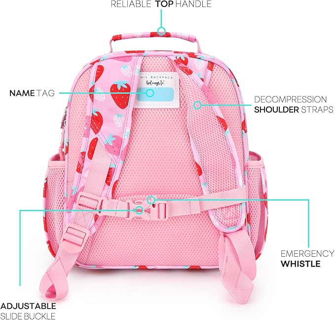 mibasies Toddler Backpack for Girls 2-4: Cute Kids Backpacks for Girls - Preschool Kindergarten Backpack - Assorted Strawberry Pink