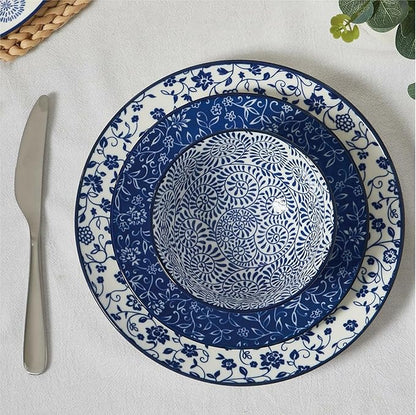 ONEMORE Ceramic Dinnerware Sets, 12 Piece Stoneware Plates and Bowls, Dish Sets for 4 - Scratch Resistant, Dishwasher & Microwave Safe, Vintage Blue
