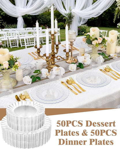 YOUBET 100PCS Clear Scalloped Plastic Plates