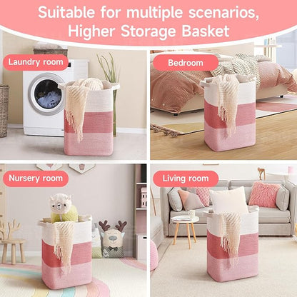 CLHMILY&Z 75L Laundry Hamper Rectangular Pink Rope Basket - 16x13x22 Inches - Dirty Clothes Storage Soft Organizer Bin for Blankets, Toys, and Nursery Essentials