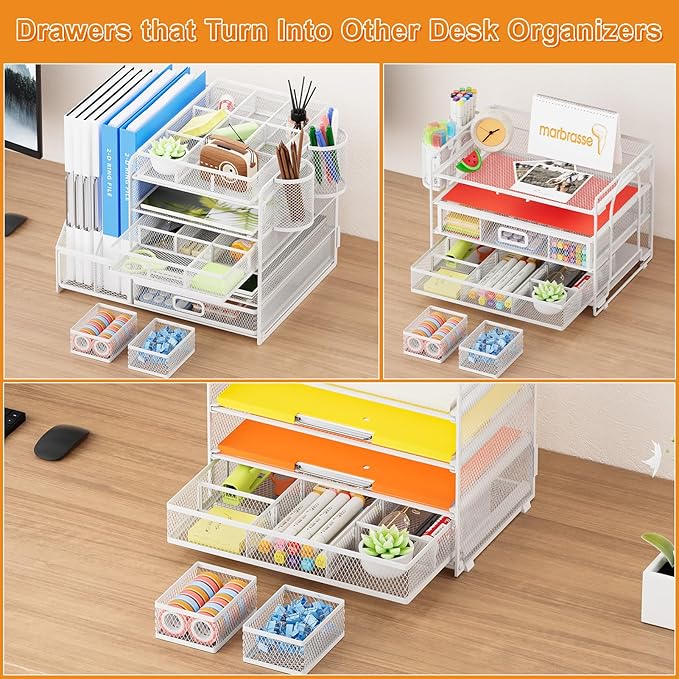 Marbrasse 3 Packs White Desk Drawer Organizers,Drawer Organizer Tray with 9 Adjustable Compartments,Junk Drawer for Makeup & Vanity, Office Desk Supplies and Accessories（White）