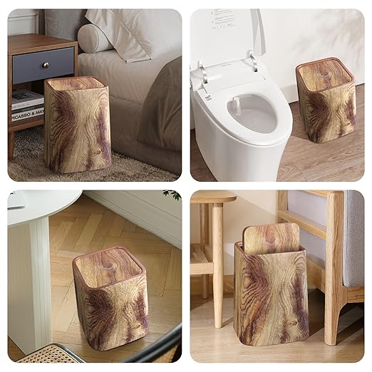Wood Grain Plastic Trash Can Swing Top Lid, 4Gal/15L Farmhouse Wastebasket Bin Retro Style with Inner Bucket, Bathroom Trash Can Hidden Bag for Room Aesthetic, Square Brown Garbage Can 2pack