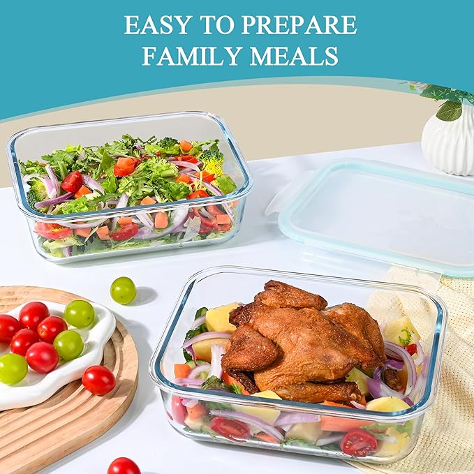 GEHE 9.8 Cup / 78 Oz Large Glass Food Storage Containers with Lids, 2 Pack Glass Meal Prep Containers Set with Airtight Locking Lids - Storing Food, Baking, Leakproof, Freezer, Microwave & Oven Safe
