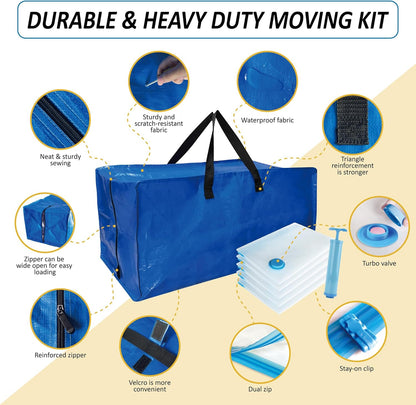 10 Pack Heavy Duty Extra Large Moving Bags with Backpack Straps & Vacuum Storage Supply Combo, Totes Handles Zippers for Space Saving, Fold Flat, Includes Bags, Blue, (HEV10)
