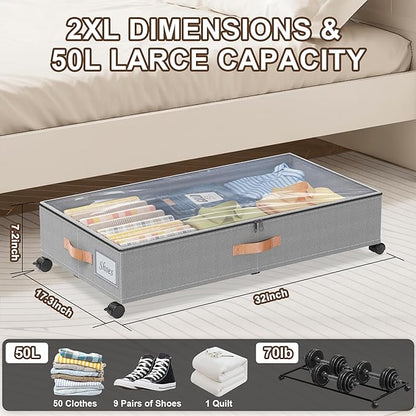Under Bed Storage with Wheels, 2-Pack Under Bed Storage Containers with Clear Lids, XXL 65L Under the bed storage Organizer Bins, Rolling Under Bed Metal Drawer for Clothes,Shoes,Toys (Gray, 2-Pack)