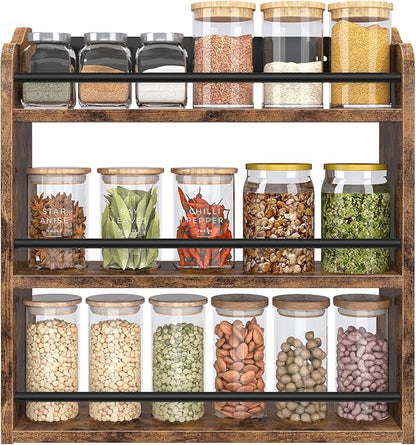 Spice Rack Wall Mounted, Wood 3 Tier Spice Rack for Countertop, Vertical Spice Organizer for Spice Jars and Seasonings, Hanging Spice Shelf for Kitchen Cabinet, or Pantry, Rustic Brown
