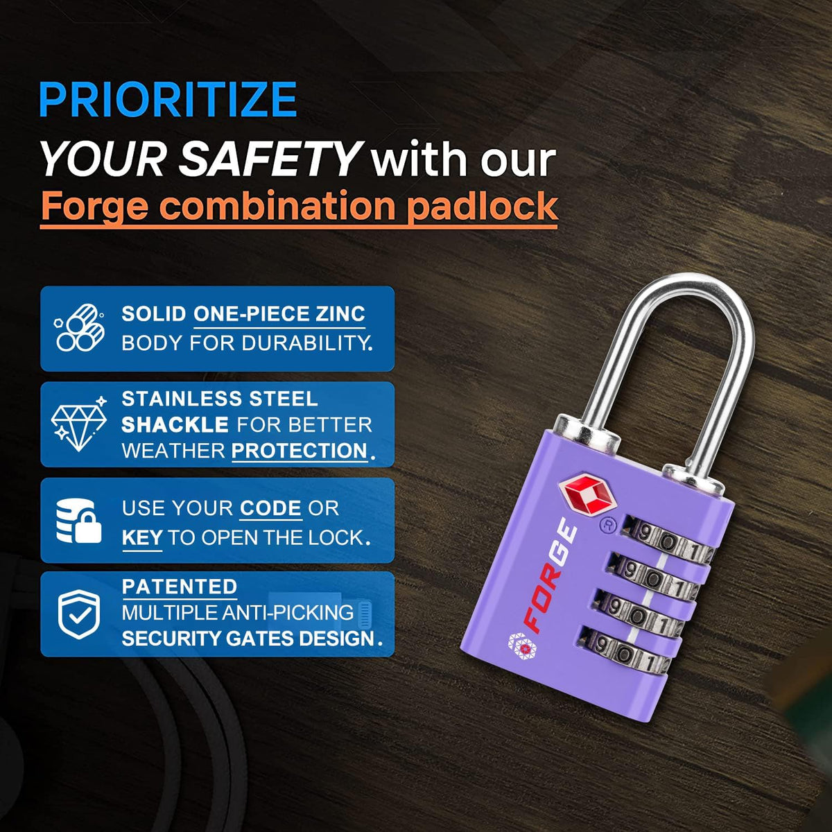 Forge Dual-Opening: Key or Combination Access Lock, TSA Approved Locks for Luggage, Pelican case, Travel, Gym, School, Stainless Steel Shackle. (Purple, 2 Pk)