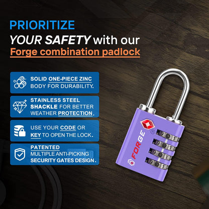 Forge Dual-Opening: Key or Combination Access Lock, TSA Approved Locks for Luggage, Pelican case, Travel, Gym, School, Stainless Steel Shackle. (Purple, 2 Pk)