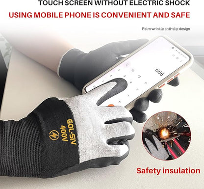 400V Electrician Gloves - Insulated Electrical Gloves For Electrician,Flame Retardant,Rubber Safety Non Slip Work Gloves,Low Voltage,Touch Screen (Black,Large)
