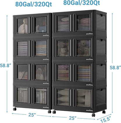 BROVIEW 160Gal Stackable Storage Bins with Lids & Wheels, 640Qt Plastic Collapsible Closet Organizer and Storage Drawers, Storage Boxes Cabinets for Home, Office, 8 Pack, Black