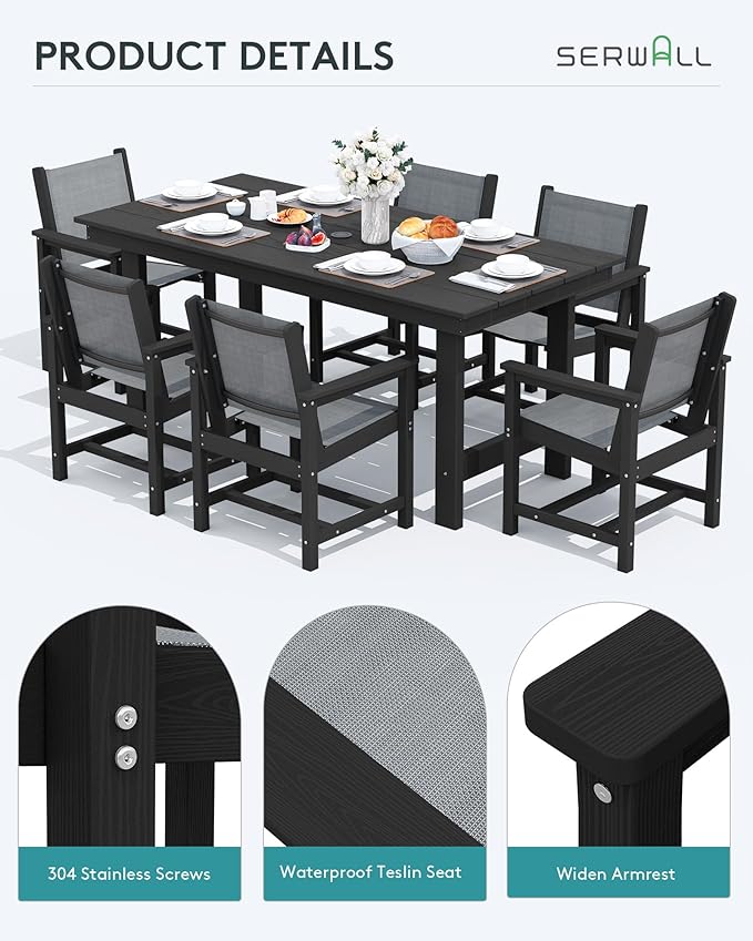 SERWALL Patio Dining Sets for 6, Outdoor HDPE Dining Set