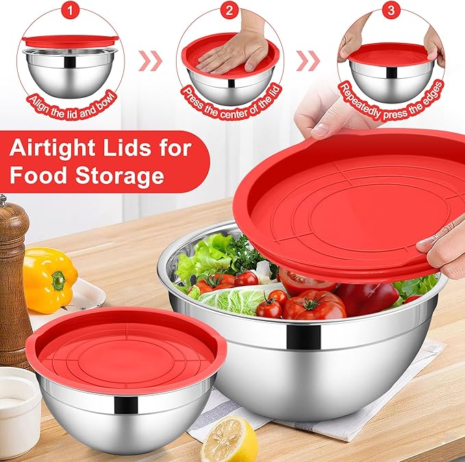 LIANYU 6 Pack Stainless Steel Mixing Bowls with Airtight Lids, Large Metal Nesting Salad Bowls, Ideal for Kitchen Prepping, Baking, Freezer Storage, Size 7, 3.5, 2.5, 2, 1.5, 1QT, Dishwasher Safe, Red