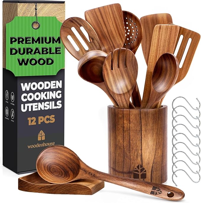 Wooden Spoons for Cooking – Wooden Cooking Utensils Set with Holder, Spoon Rest & Hooks, Teak Wood Nonstick Kitchen Cookware – Durable Set of 12pcs by Woodenhouse