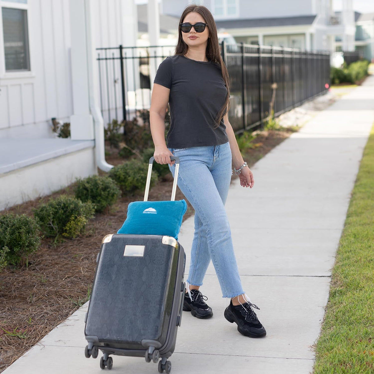 BlueHills Premium Soft Travel Blanket Pillow Airplane Blanket in Soft Bag case with Hand Luggage Belt and Carabiner Compact Pack Large Cozy Plane Car Train Teal Blue T022
