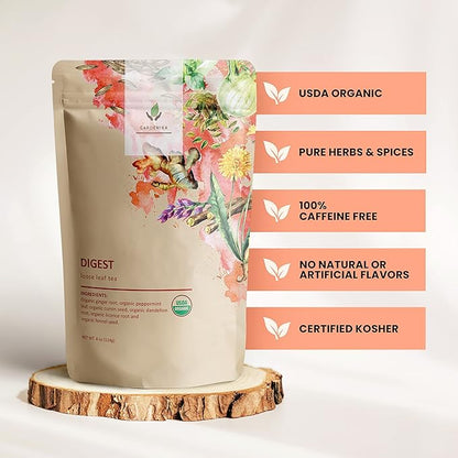 Gardenika Organic Digestive Loose Leaf Tea, Stomach Ease Herbal Caffeine-Free Leaves, Ayurvedic Blend with Dandelion Root, Ginger, Peppermint, Licorice – 4 oz