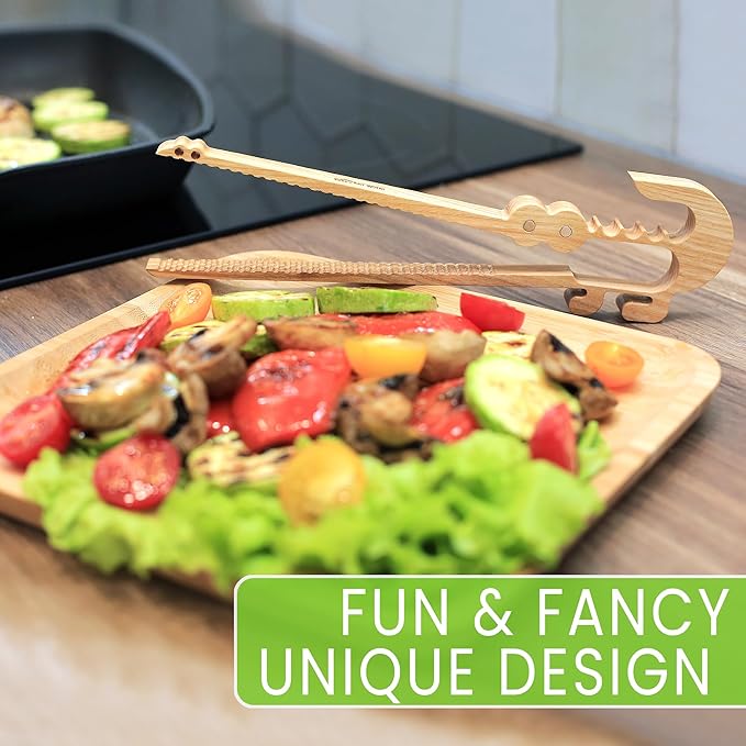Crocodile-Shaped Wooden Toaster Tongs | 11-Inch Magnetic Kitchen Utensil for Cooking, Camping, and Outdoor Use | Fun, Easy Storage, Superior Grip | Great for Kids & Adults, Toast, BBQ