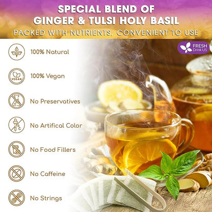FreshDrinkUS, Premium 75 Ginger Tulsi Tea Bags, 100% Natural, Hand-made Blend of Ginger and Tulsi Holy Basil Leaves, Eco-conscious Tea Bags. Herbal Tea. No Sugar, No Caffeine, Vegan.