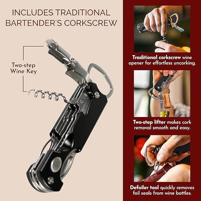 Bartender's All-in-One Bar Tool Set: Corkscrew, Zester, Citrus Knife and Bottle Opener Kit with Magnet for Picnics, Tailgating, BBQs, Camping, Travel, Beach Parties and Bartending, Black