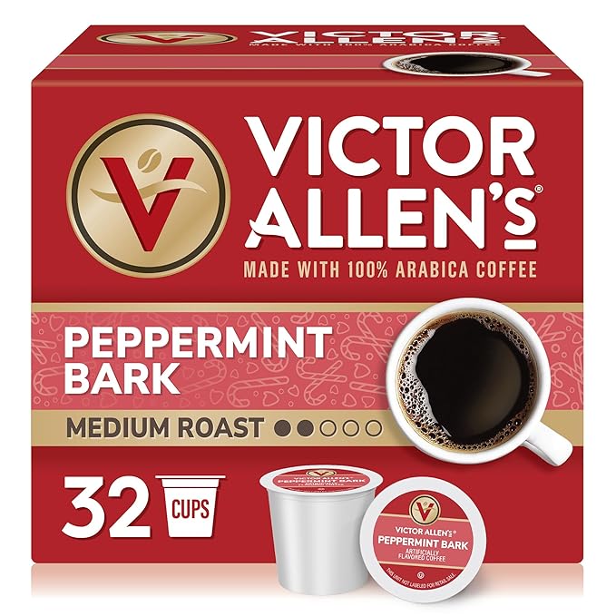 Victor Allen's Coffee Peppermint Bark Flavored, Medium Roast, 32 Count, Single Serve Coffee Pods for Keurig K-Cup Brewers