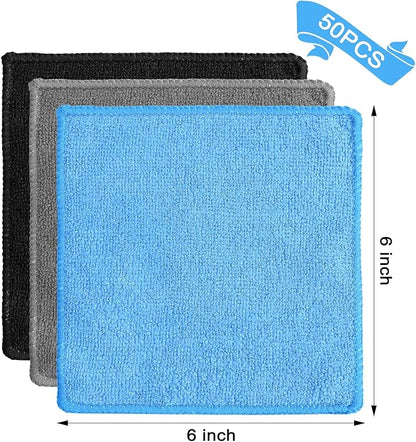 Tanlade Microfiber Cleaning Cloth 6"x6" Cleaning Rags Reasonable Kitchen Towels Microfiber Towels Cars Wash Dry Erase Cloth (Blue/Gray/Black,50 Pcs)