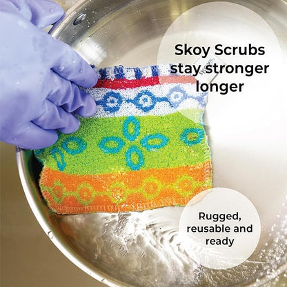 Skoy Scrub, 4-Pack Reusable, Non-Scratching Dish Scrubber for Kitchen and Household Cleaning, Planet-Friendly, Dishwasher Safe Soft Scrub, Assorted Colors and Designs