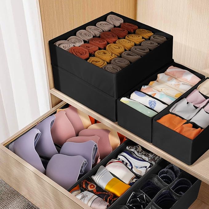 12 Pack Drawer Organizers, 116 Compartments Fabric Foldable Dresser Drawer Organizers for Clothing, Closet Organizers and Storage Bins for Clothes, Christmas Ornament Storage Boxes with Dividers