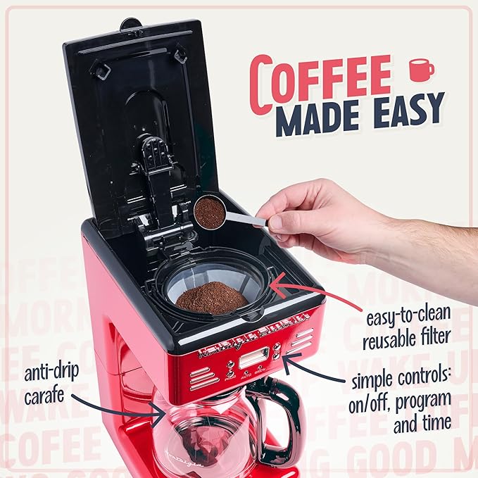 Nostalgia Retro 12-Cup Programmable Coffee Maker With LED Display, Automatic Shut-Off & Keep Warm, Pause-And-Serve Function, Red