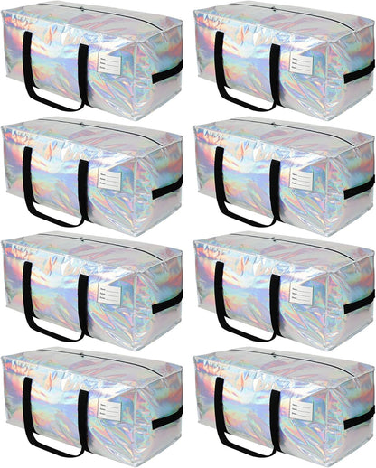 8 Pack Heavy Duty Moving Bags 24-Gallon Extra Large Waterproof Foldable Clothing Storage Totes Bags with Zipper,Reinforced Handles,Packing Moving Boxes for Dorm & Seasonal Storage,Iridescent