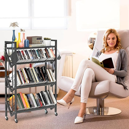 Book Carts 4 Tier 46.5x35.4x9.84 in Rolling Book Cart Large Capacity Bookshelf Storage Rack Mobile Book Storage with Wheels Cart for Home Office Living Room Classroom (Black)