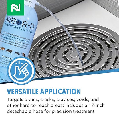 Nibor-D Insecticide Foam with IGR, Ready-to-Use for Fly and Cockroach Control, 360 Degree Application, Includes 17" Hose, (6 Pack, 21 oz Can)