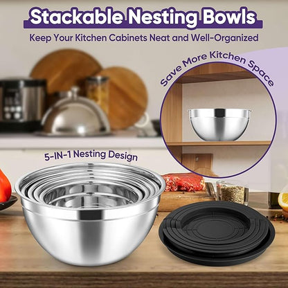 Herogo 5-Piece Mixing Bowls with Airtight Lids, 3 Grater Attachments, Stainless Steel Salad Serving Bowls for Kitchen, Size 4.6, 3.5, 2.5, 2, 1.5QT Ideal for Prepping & Cooking, Black